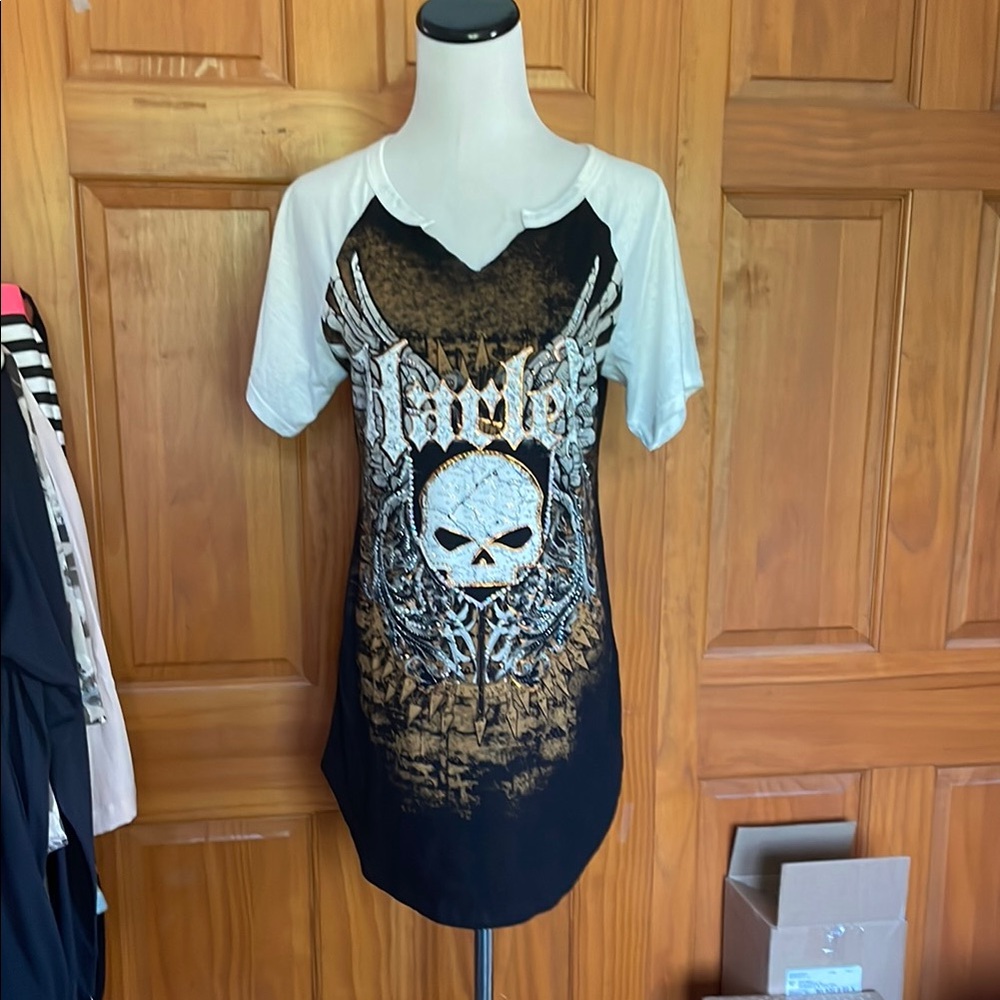 Harley Studded Bling Skull and Wings Short Sleeve Tee